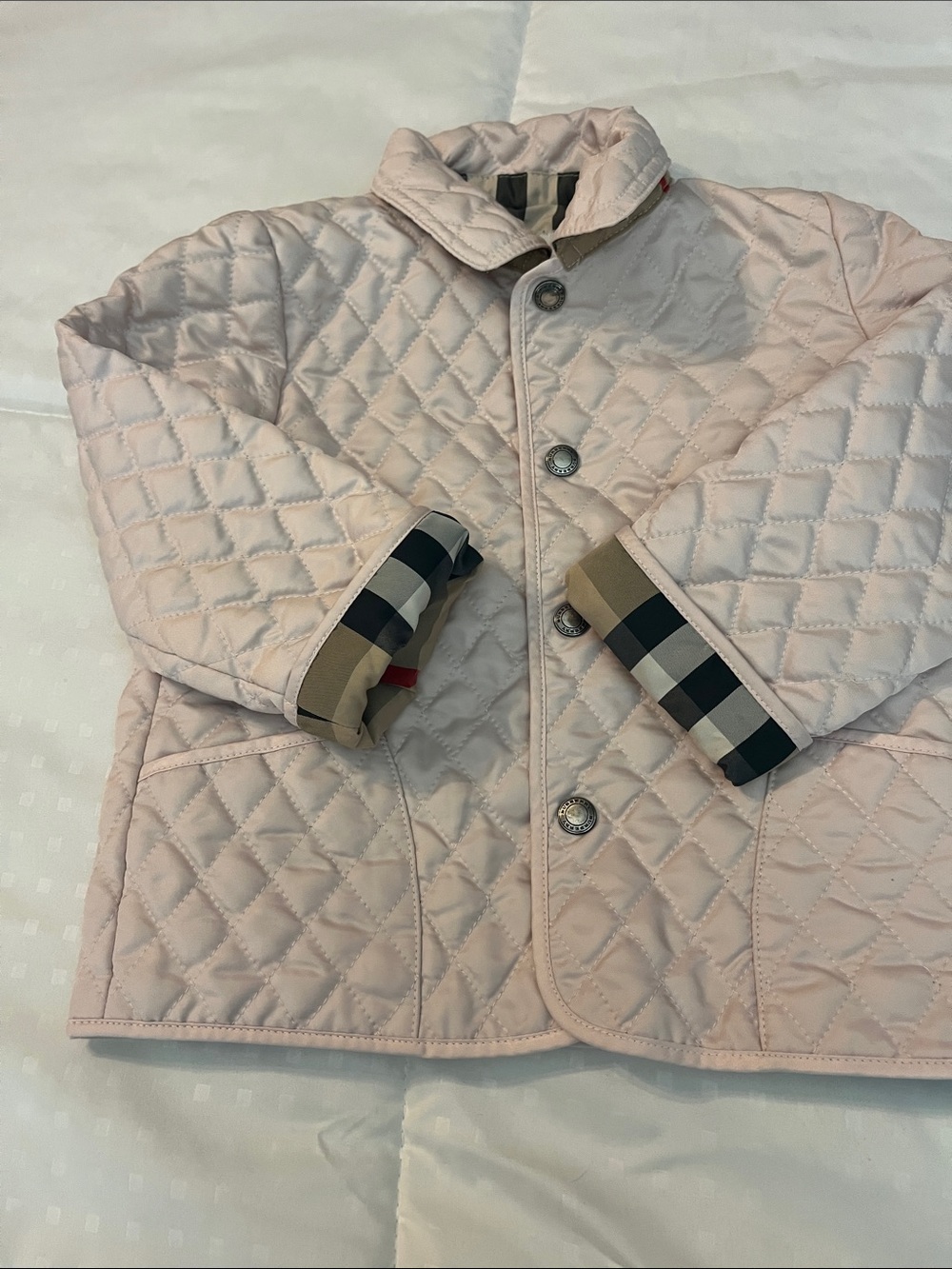 Burberry Light Pink Quilted Kids Jacket with Check Cuff